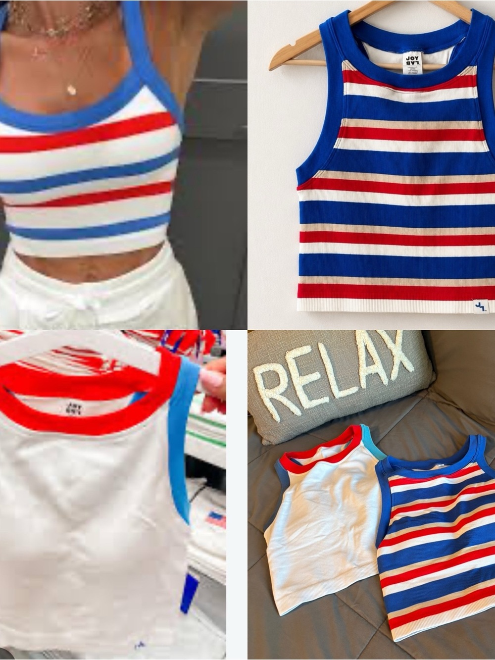 Bundle of 2 JoyLab Striped Tank Tops Athletic Sports Bra S Blue White Tan Red